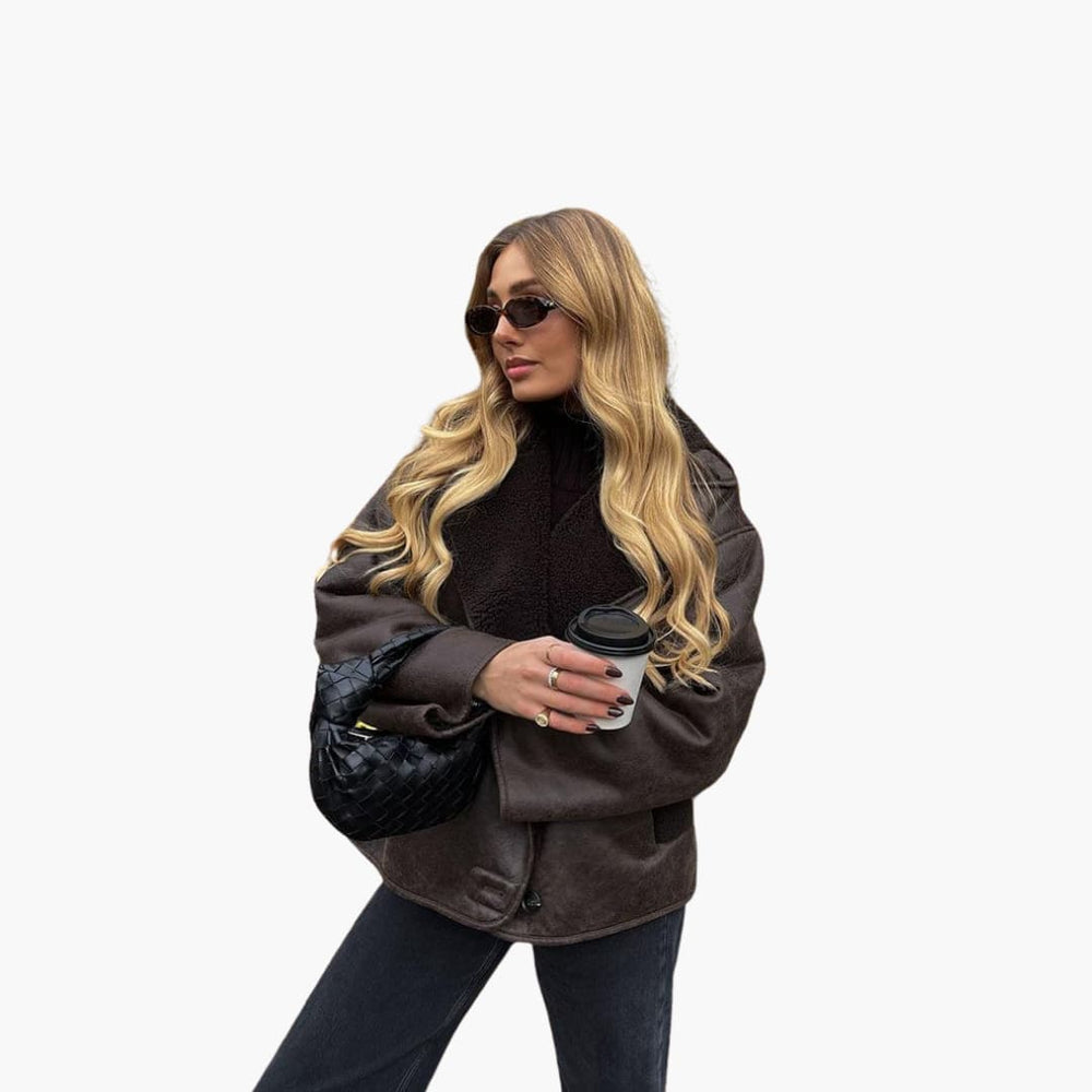 Faux Leather Shearling Jacket - Women's Warm Winter Coat