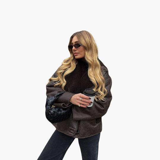 Faux Leather Shearling Jacket - Women's Warm Winter Coat