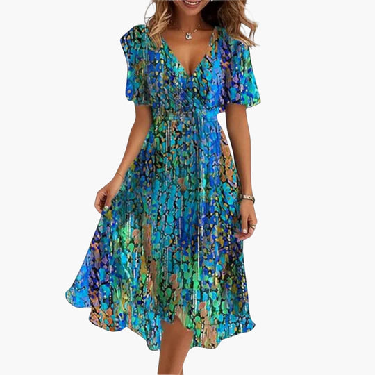 Women’s summer midi dress with high-low hem and V-neck