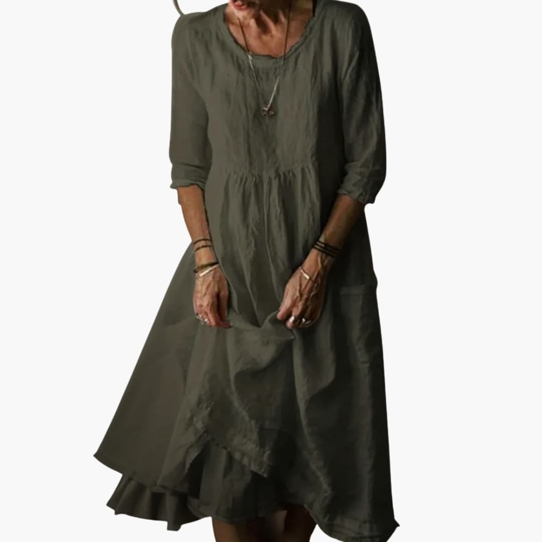 Women’s summer midi dress with 3/4 sleeves and pleats