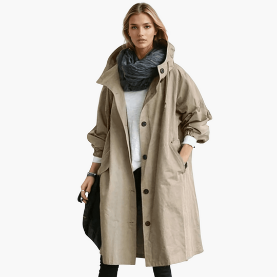 Women’s trench coat with hood and breathable water-repellent fabric