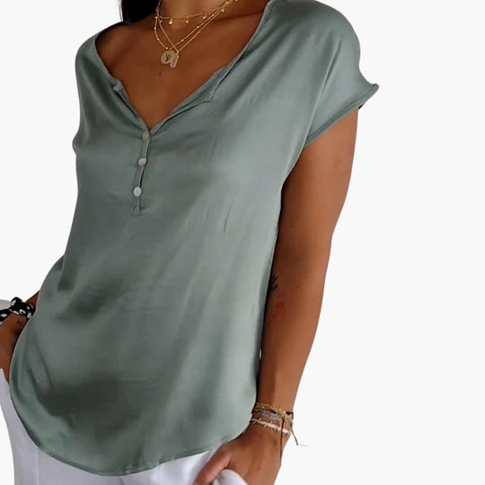 Women’s V-neck short sleeve top with button placket