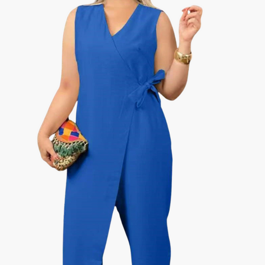 Wrap Jumpsuit for Women - Sleeveless Wide Leg Tie Waist