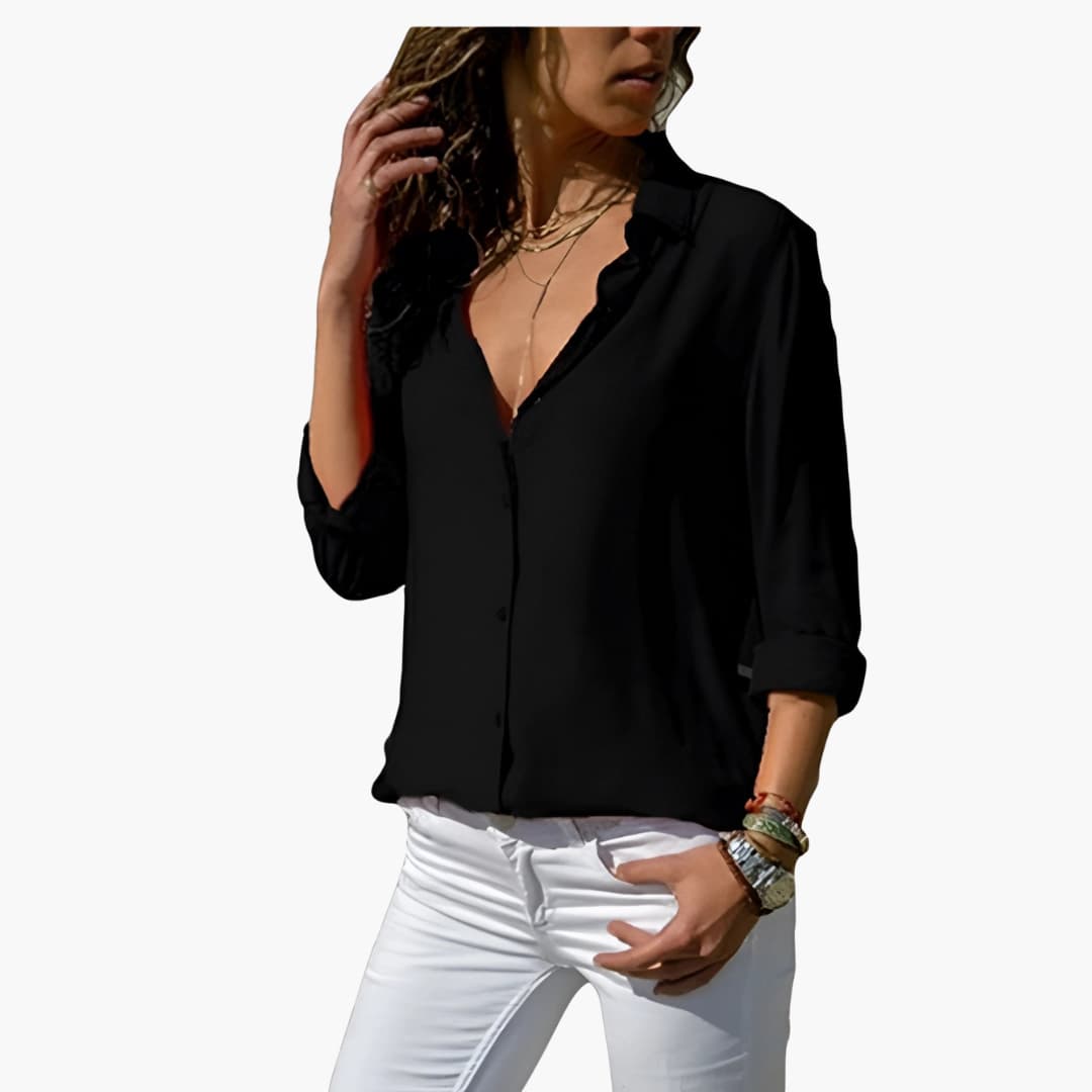 Women’s silk long sleeve blouse with collared V-neck front