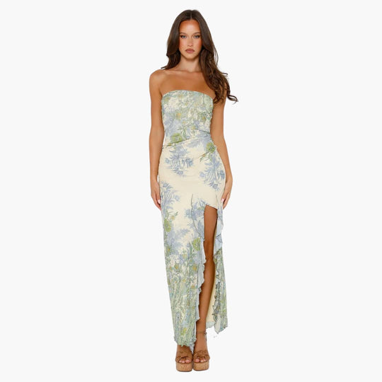 Women’s strapless floral maxi dress with high slit hemline