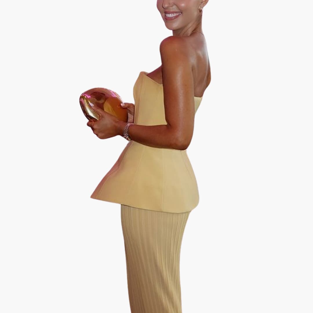 Women’s strapless maxi dress with pleated skirt and peplum bodice