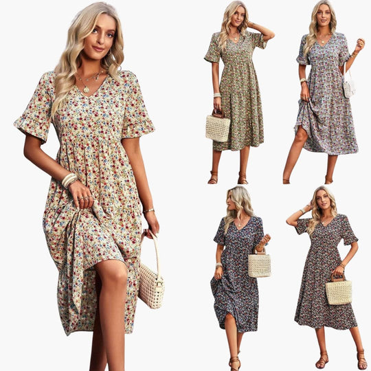 Women’s summer polyester dress with floral print and short sleeves