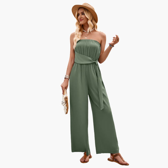 Women’s strapless summer jumpsuit with wide leg and waist tie