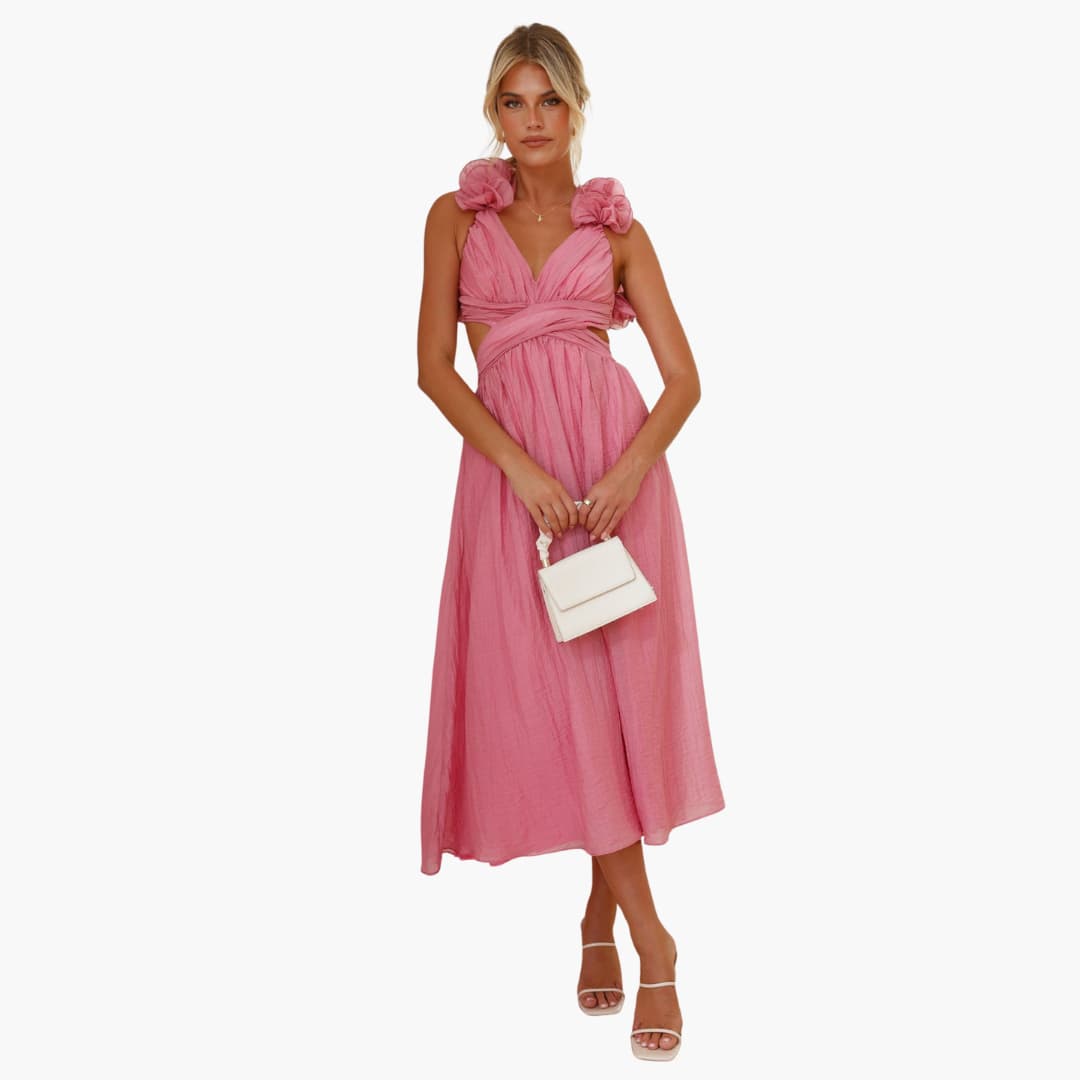 Women’s sleeveless summer dress with ruffle shoulder and tie back
