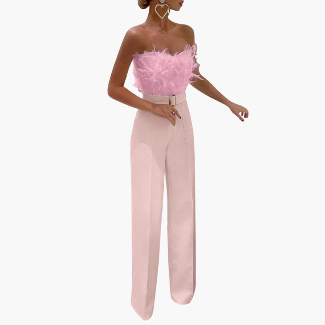 Women’s strapless feather top jumpsuit with wide-leg trousers