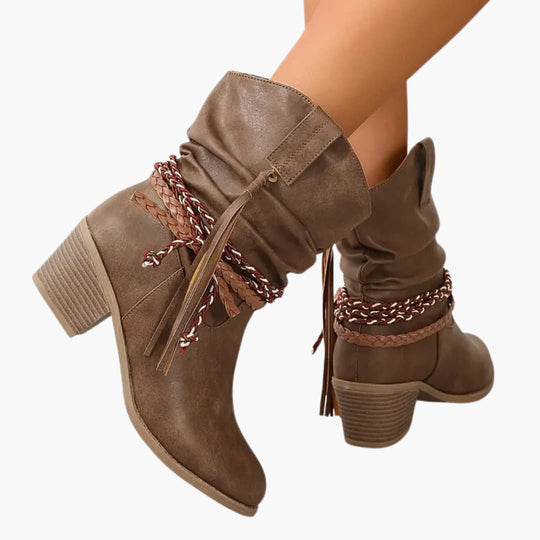 Women’s Western ankle boots with block heel and tassel detail