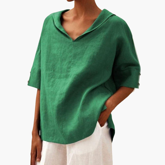 Women’s short sleeve blouse with V-neck and side slits