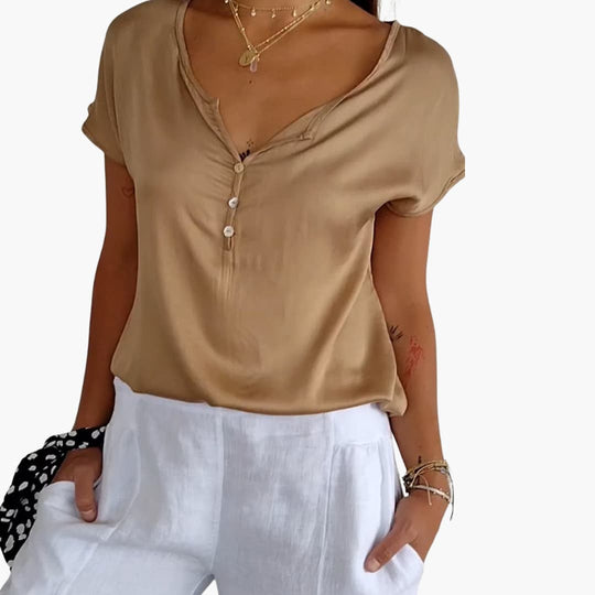 Women’s V-neck short sleeve top with button placket