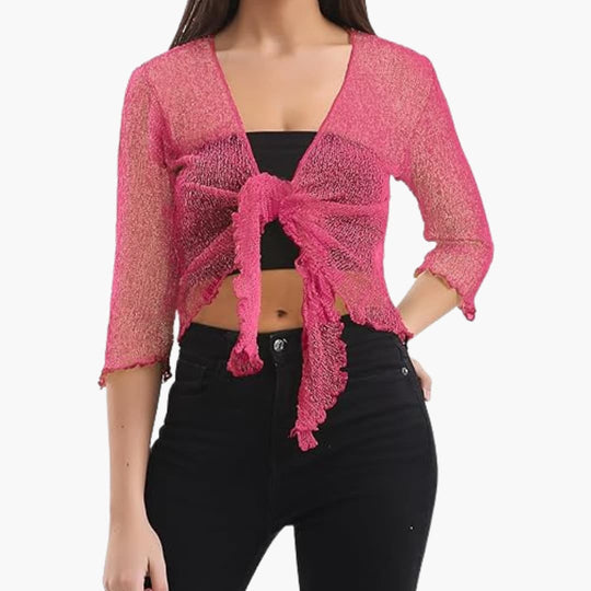 Women’s tie-up bolero top with sheer knit and cropped fit