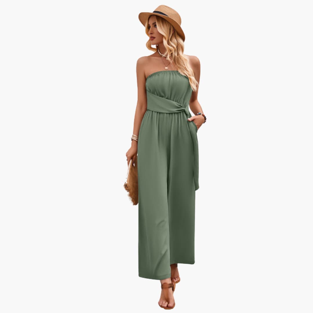 Women’s strapless summer jumpsuit with wide leg and waist tie