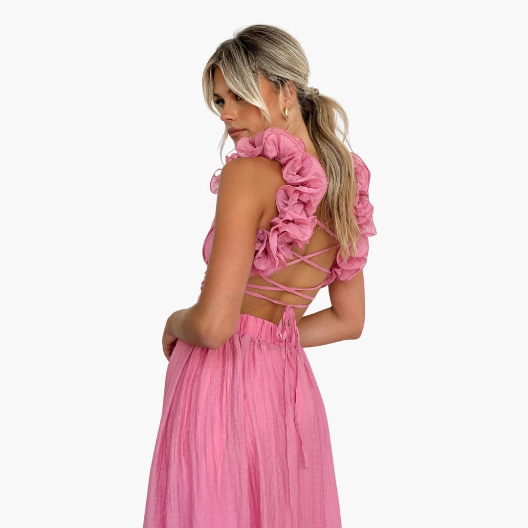 Women’s sleeveless summer dress with ruffle shoulder and tie back