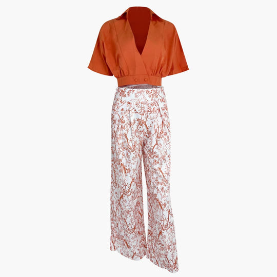 Women’s two-piece set with puff sleeve top and palazzo trousers