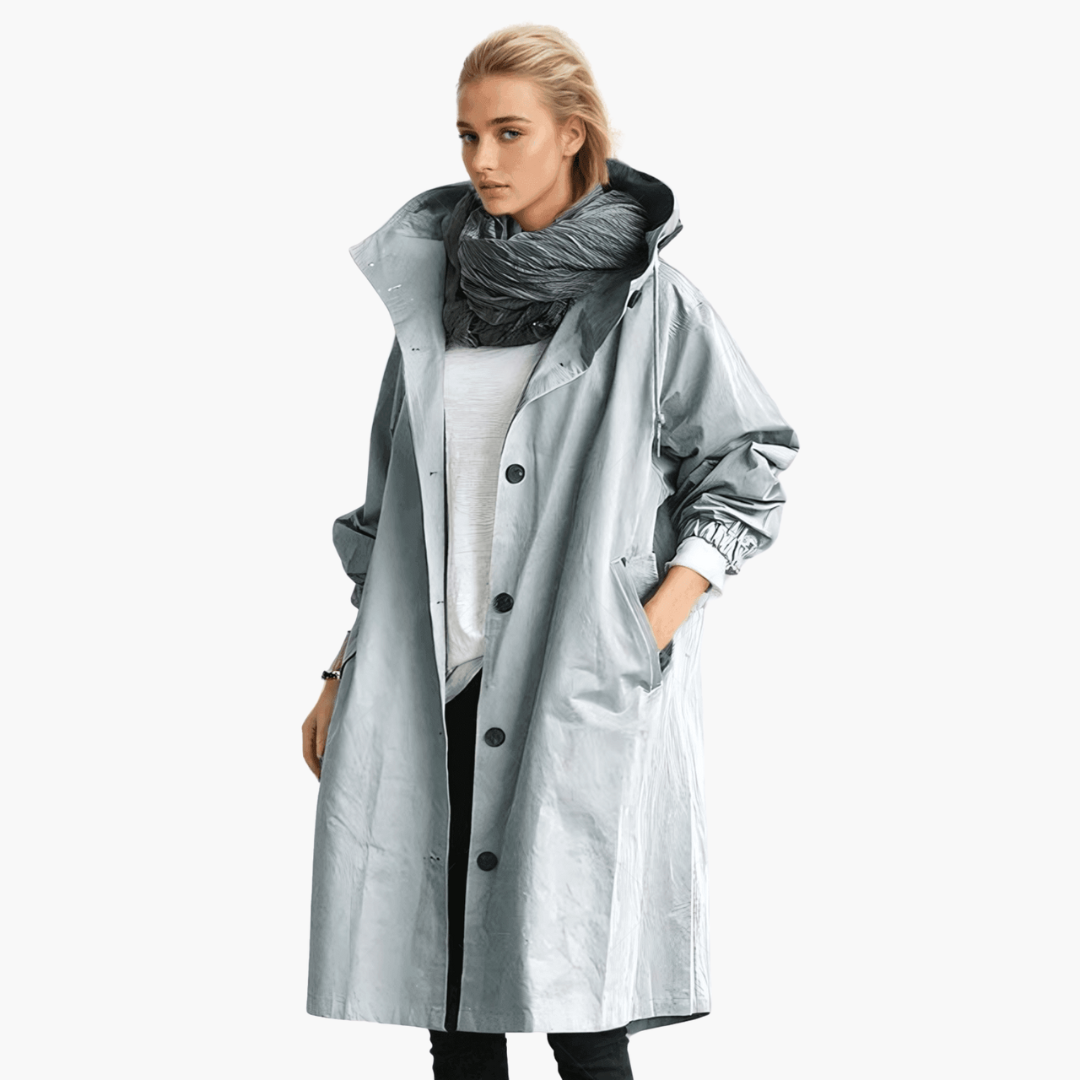Women’s trench coat with hood and breathable water-repellent fabric