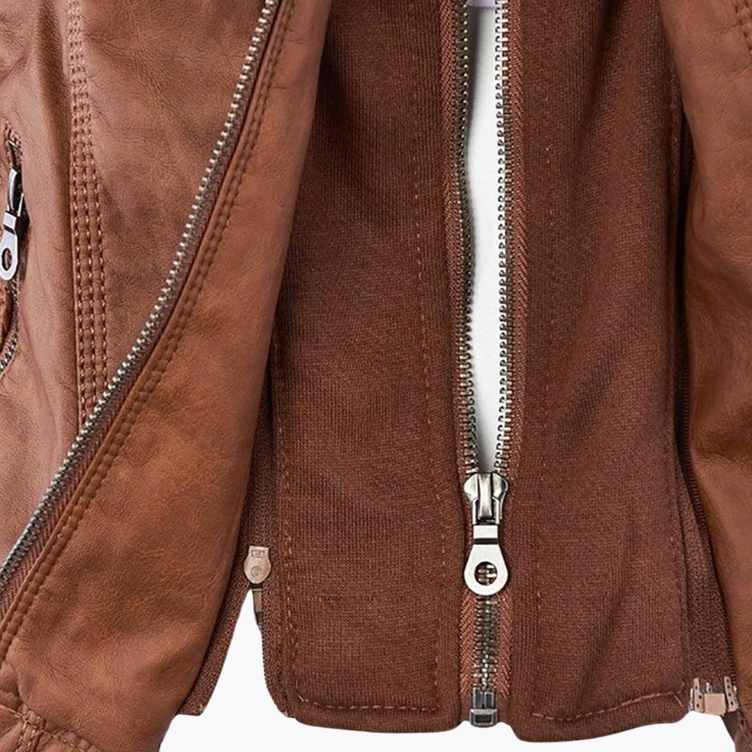 Zip-Up Jacket - Lightweight Faux Leather Fit for Women