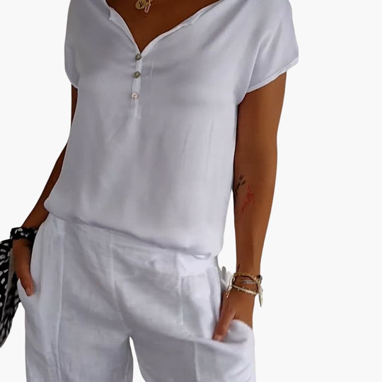 Women’s V-neck short sleeve top with button placket