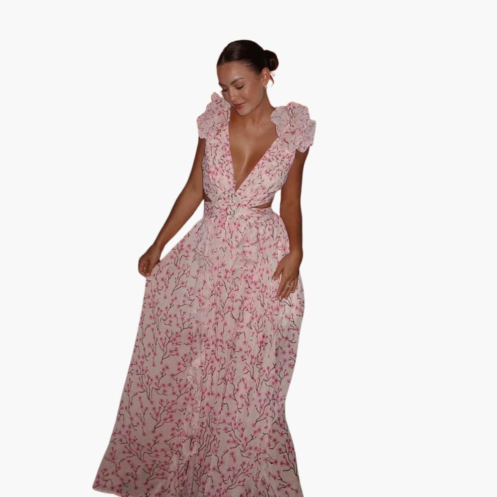 Women’s summer maxi dress with V-neck and open back design