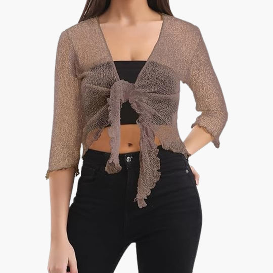 Women’s tie-up bolero top with sheer knit and cropped fit