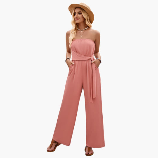 Women’s strapless summer jumpsuit with wide leg and waist tie
