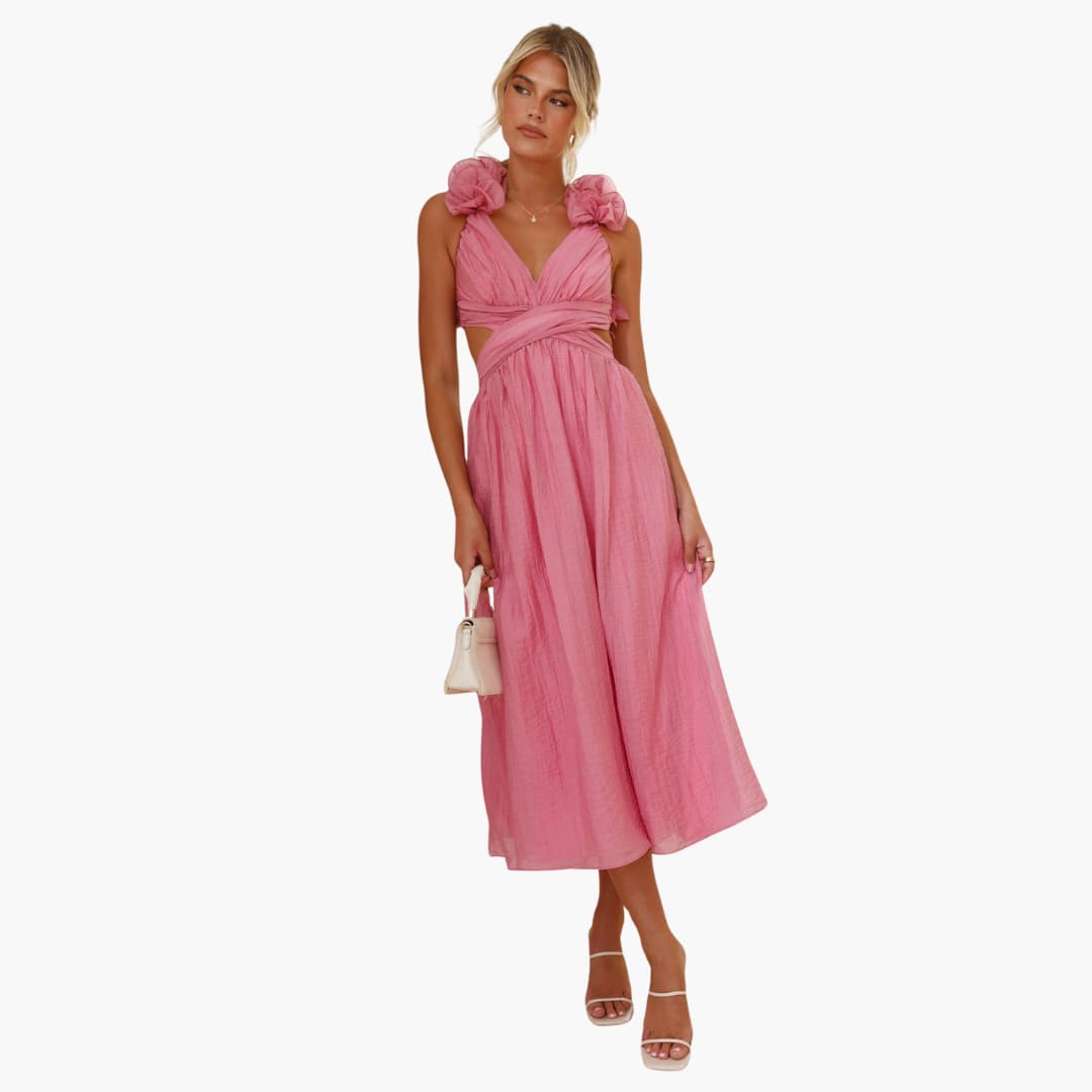 Women’s sleeveless summer dress with ruffle shoulder and tie back