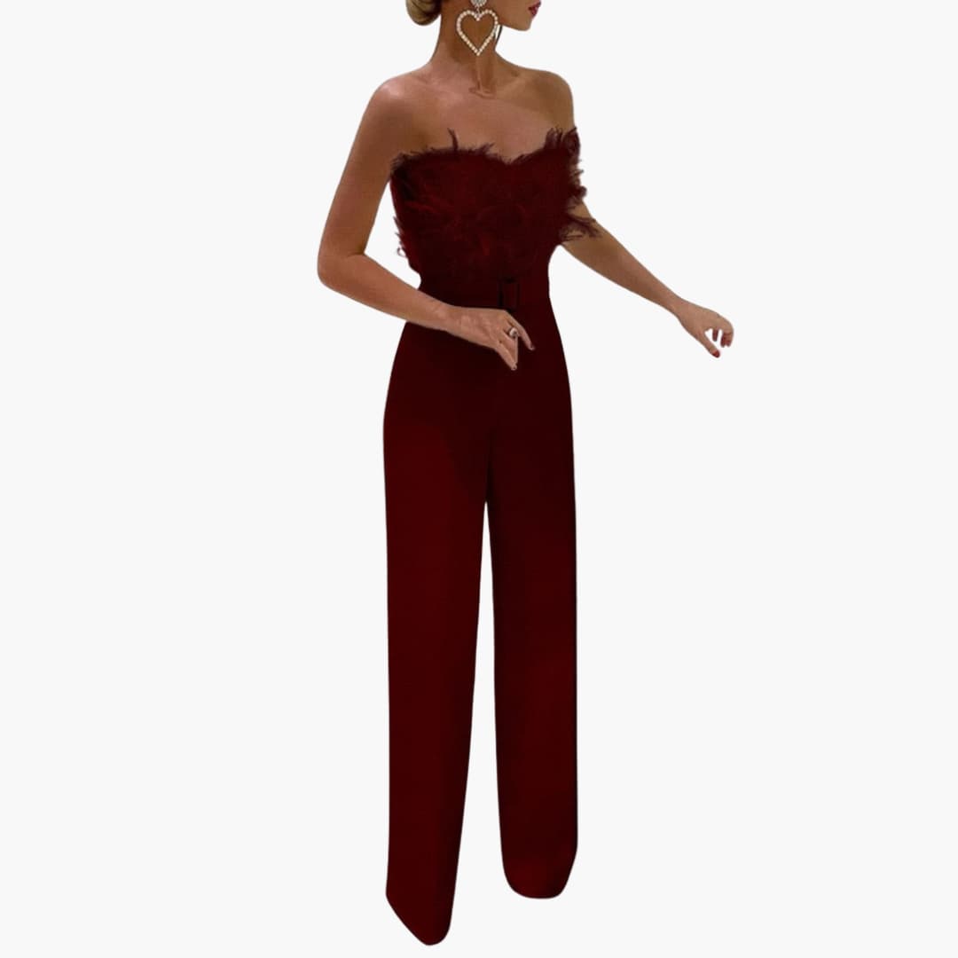 Women’s strapless feather top jumpsuit with wide-leg trousers