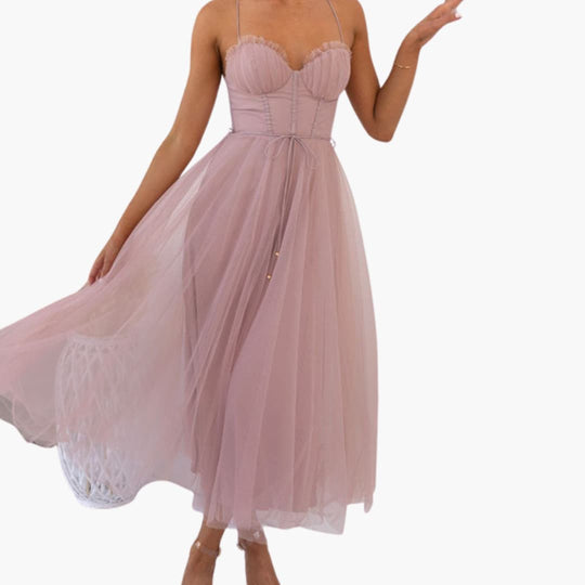 Women’s tulle maxi dress with spaghetti straps and ruched bust