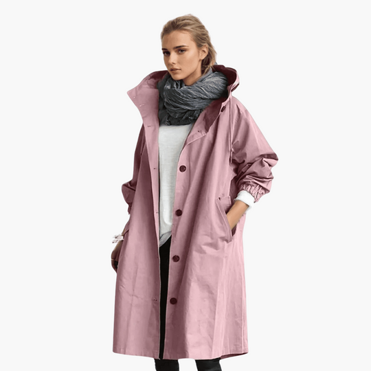 Women’s trench coat with hood and breathable water-repellent fabric
