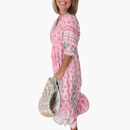 Women’s summer dress with V-neck and all-over print