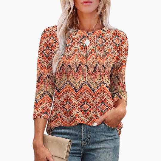 Women’s tunic top with crew neck pleats 3/4 sleeves curved hem