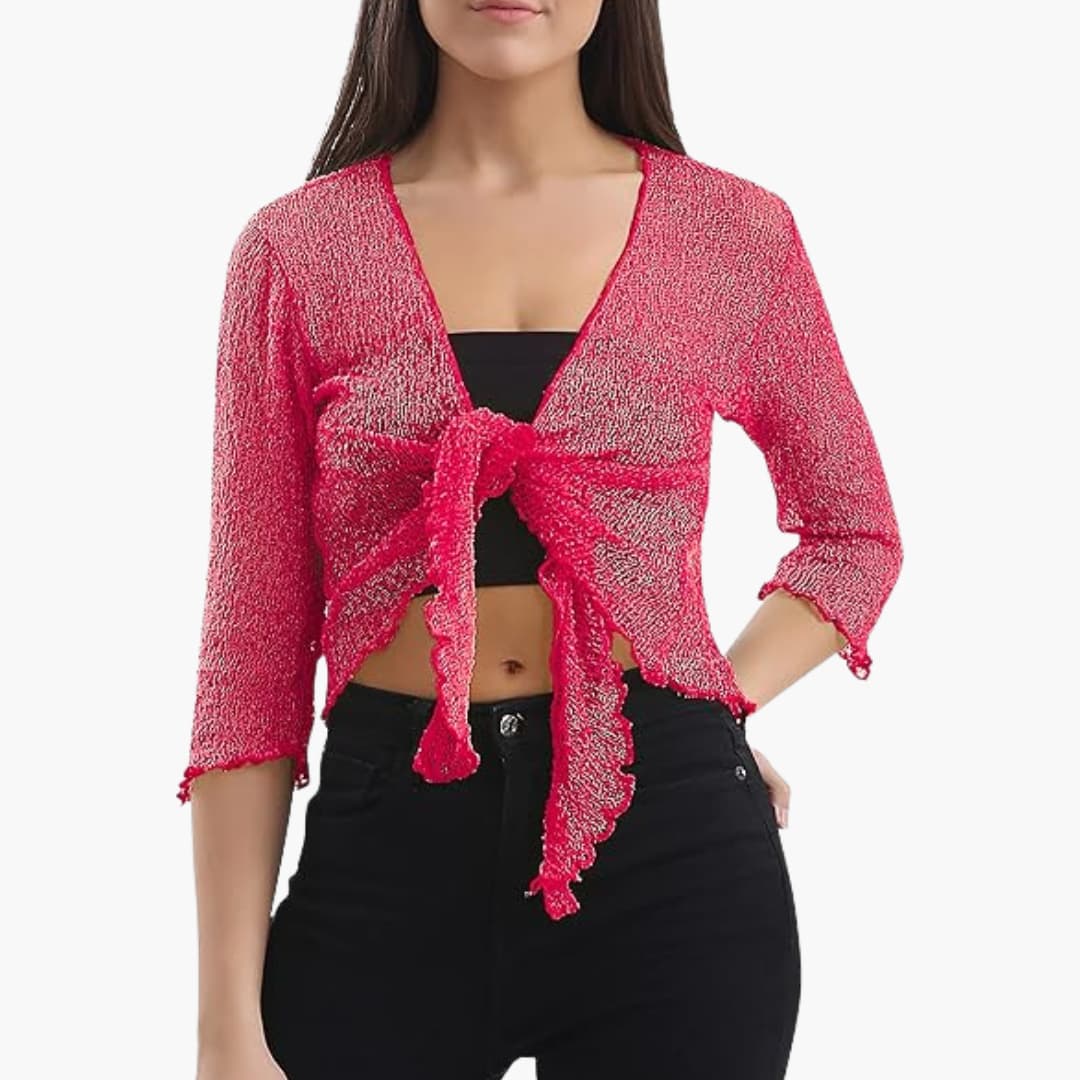 Women’s tie-up bolero top with sheer knit and cropped fit